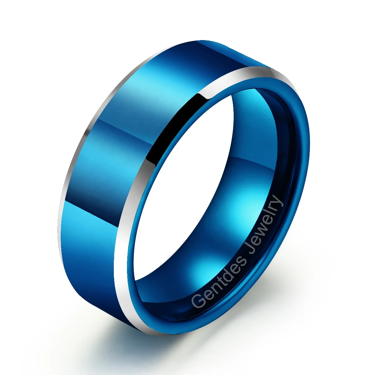 Gentdes Jewelry 8MM Blue&Silver Beveled edge Tungsten Ring Mens Tungsten Wedding Bands Fine Jewelry Rings