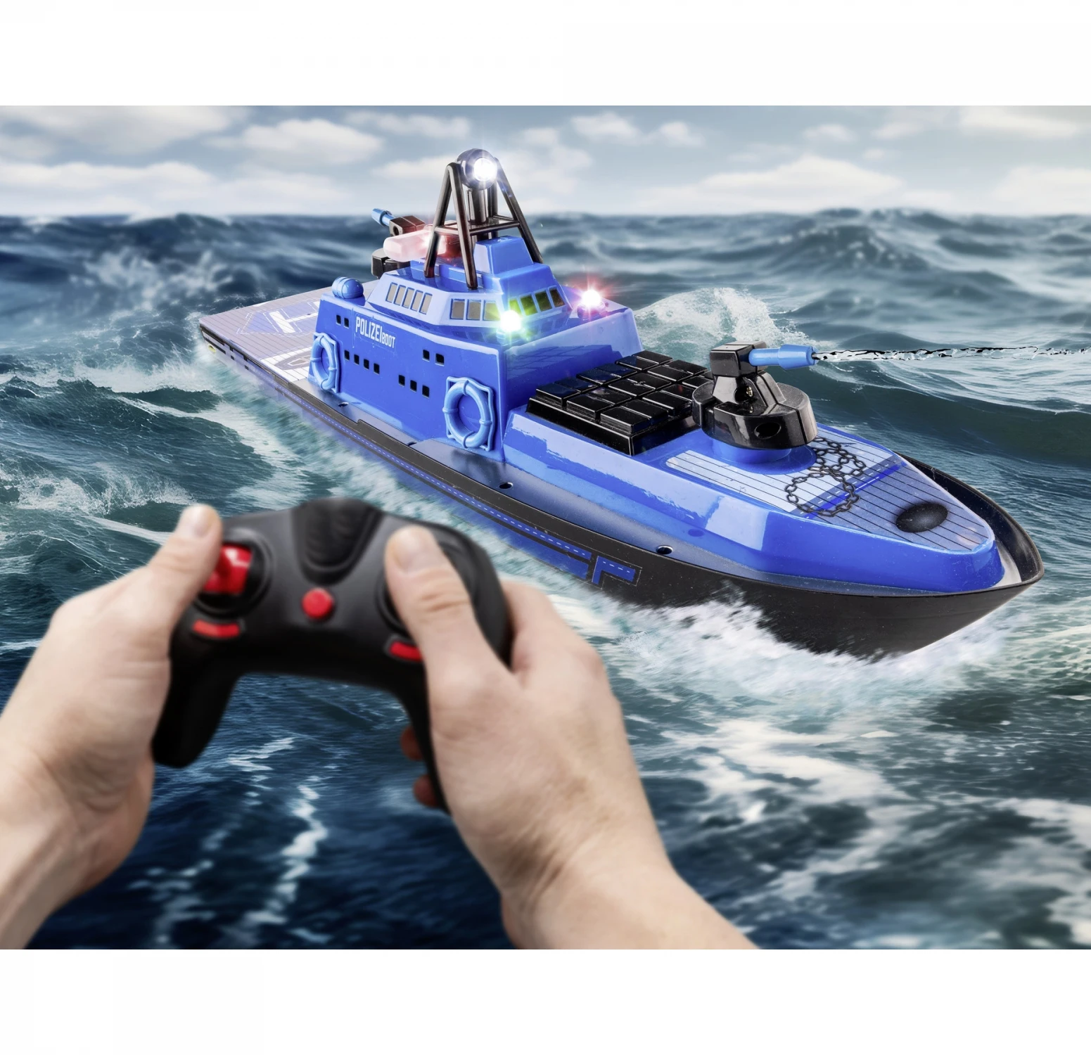 Dwi Dowellin 2.4G RC Police Boat with One-Button Water Spray, with LED Light