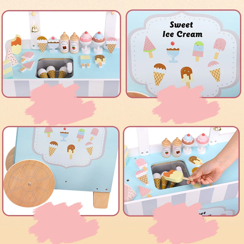 Wholesale Wooden Cone Shopping Cart Toy Plastic Ice Cream Truck Kitchen Toys for Girl
