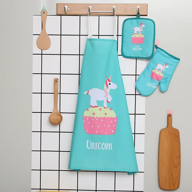 Digital Printed Three-Piece Set Waterproof Waist Apron Stain-Resistant Non-Fading Thermal Insulation Gloves Anti-Scalding Mat