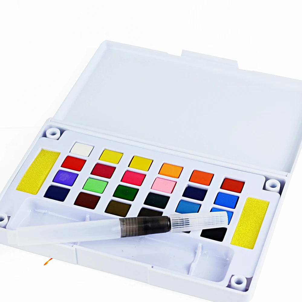 24 Color Assorted Solid Watercolor Paint Set With Water Brush
