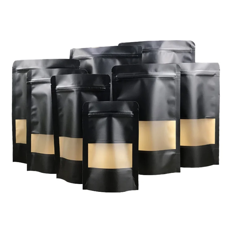 Custom Printed Black Reusable Stand Up Zip lock Bags Small Mylar Beauty Packaging Kraft Paper Stand Up Pouch With Clear Window