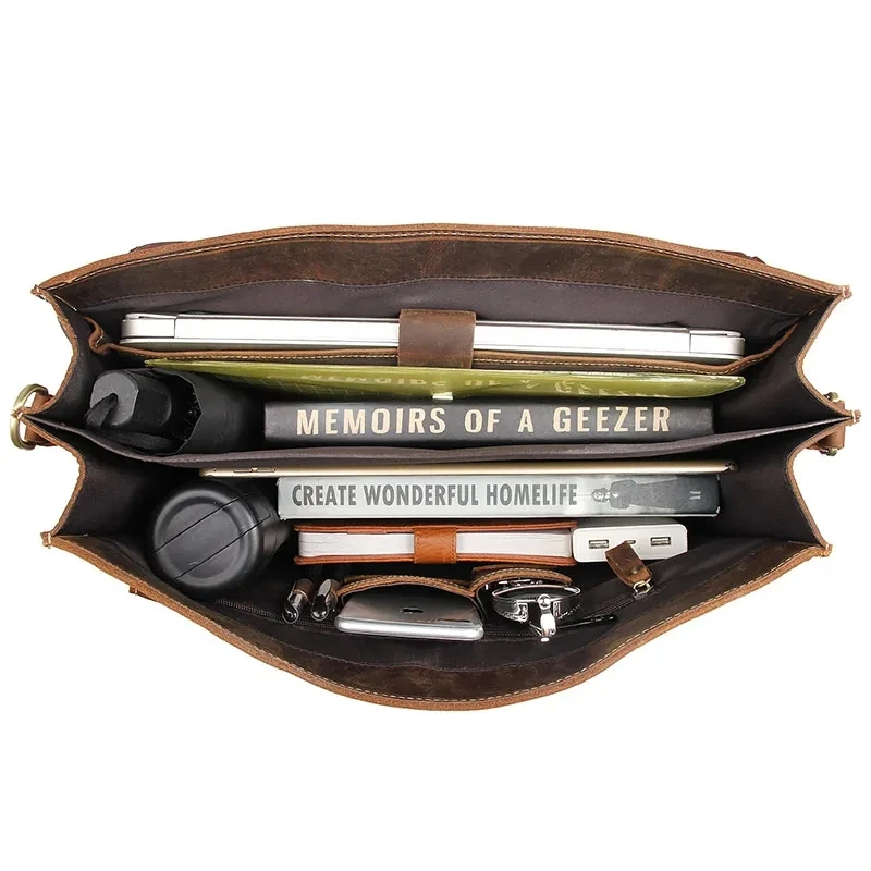 Vintage Cowhide Leather Travel Messenger Office Crossbody Bag Laptop Briefcase Computer College Satchel Bag For Men