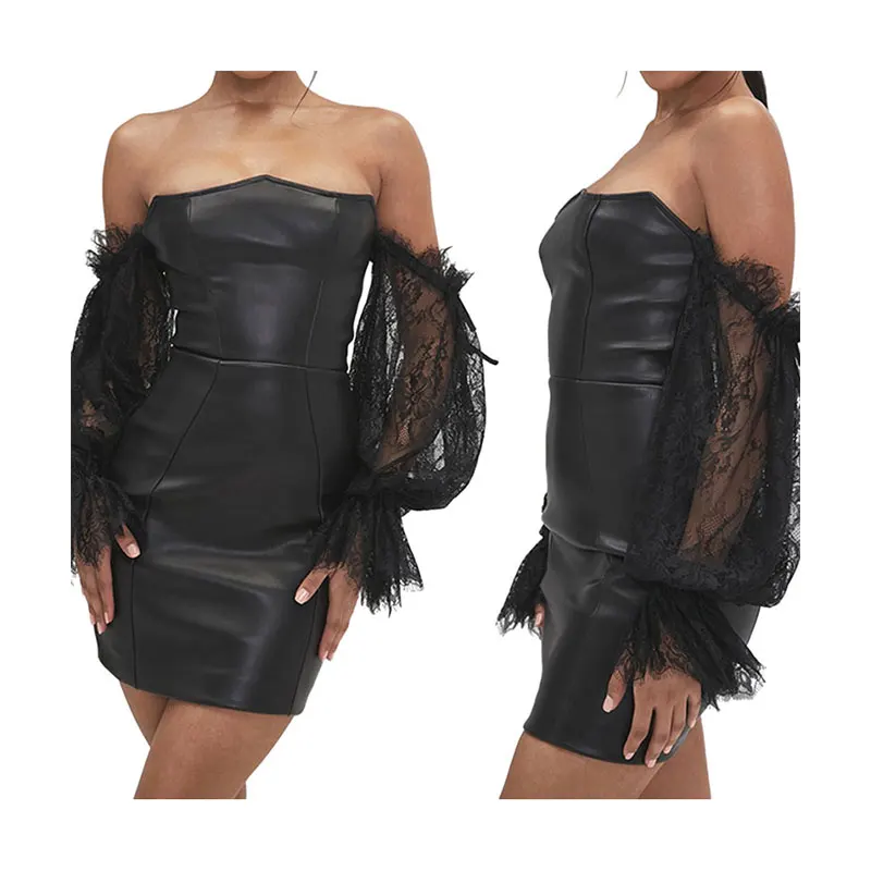 Черное элегантное весеннее однотонное женское летнее облегающее кожаное платье мини с открытыми плечами плиссированные повседневные платья с воздушным шаром и длинным рукавом для женщин