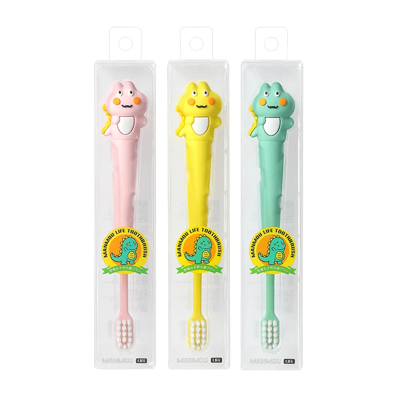 Wholesale Cute shape silicone BPA free crystal box cartoon dinosaur 0.12mm PBT soft bristles motel hotel kids child toothbrush