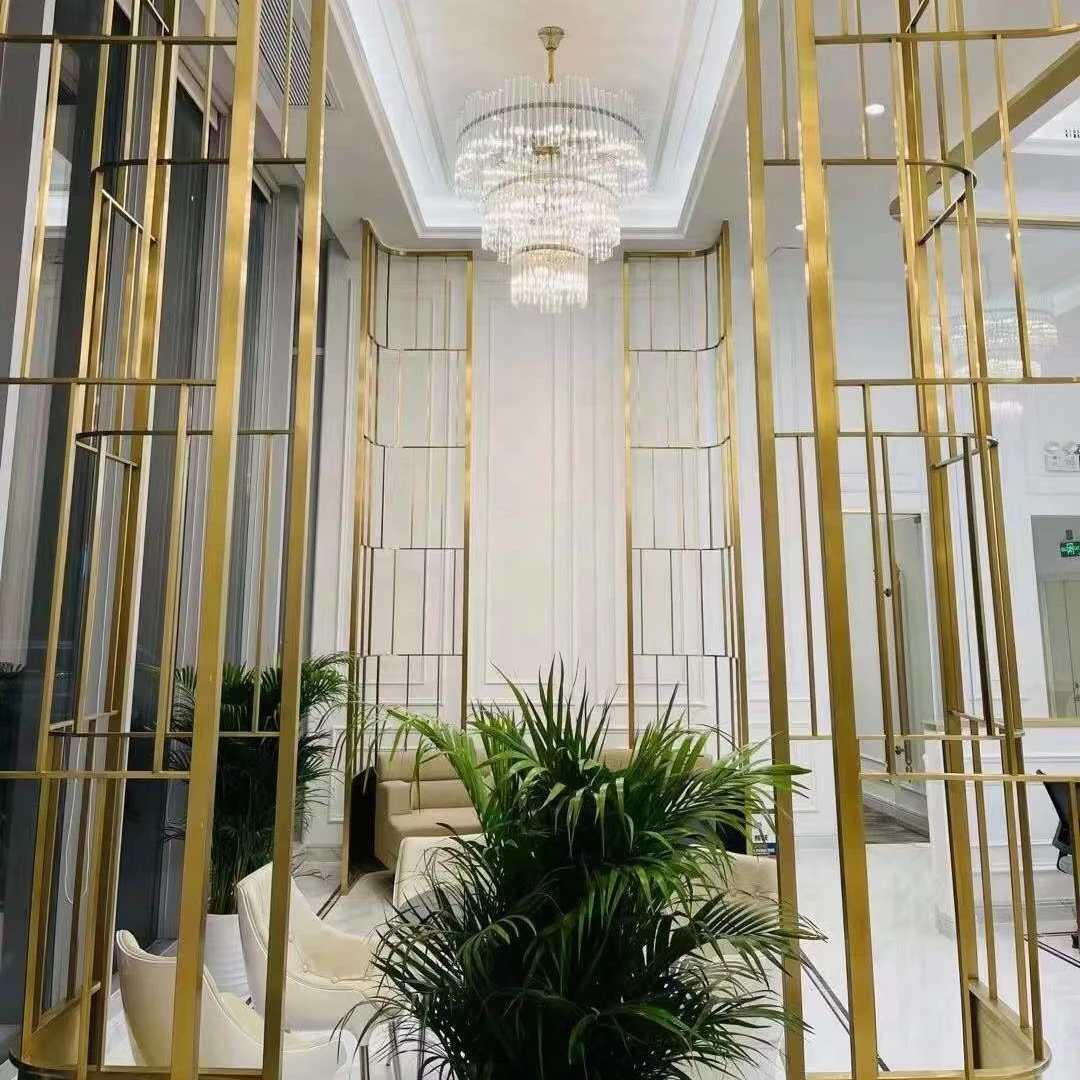 interior wall divider Entrance lobby reception desk background wall panel stainless steel huge metal screen