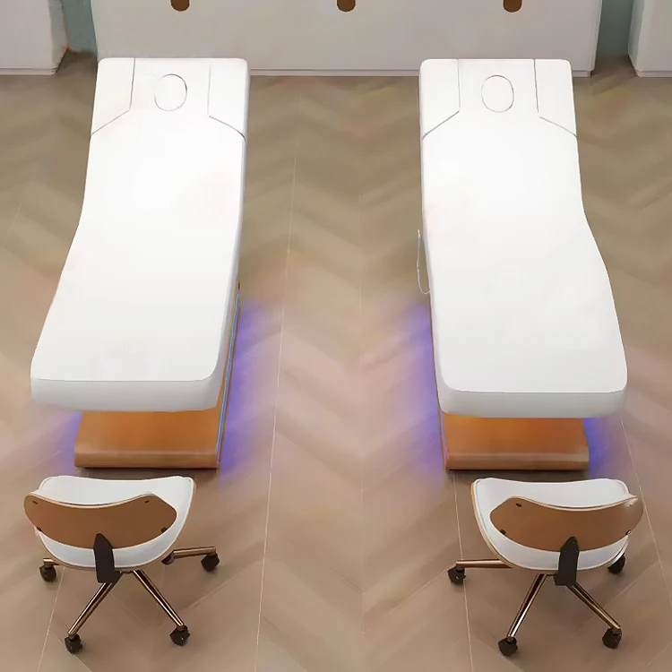 Modern thai style solid wood base lash cosmetic bed 3 motors adjustable electric wooden massage bed with led lighting