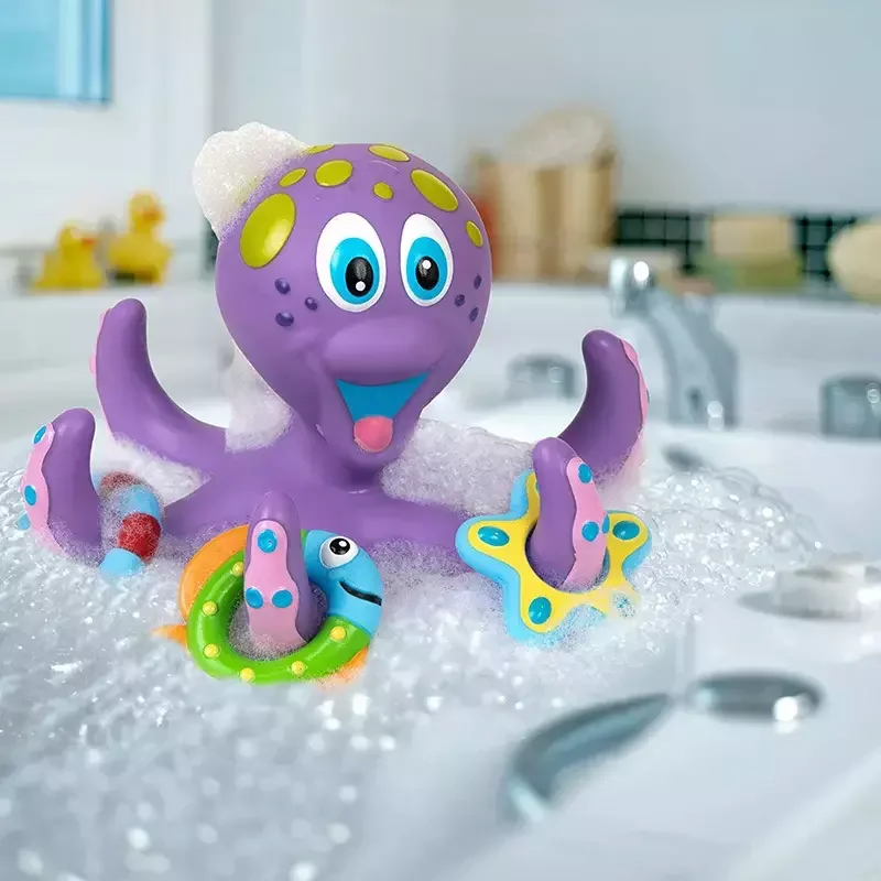 Eco-friendly Funny Cartoon Hot Sell Floating Purple Octopus with 5 Hoopla Rings Interactive baby Bath Toy for kid gift