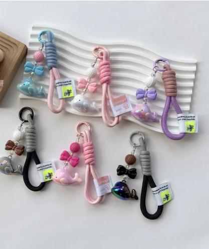 Acrylic Solid Color Colorful Cute Little Whale Dolphin Pendant Weave Cloth Rope Key Chain School Bag Pendant