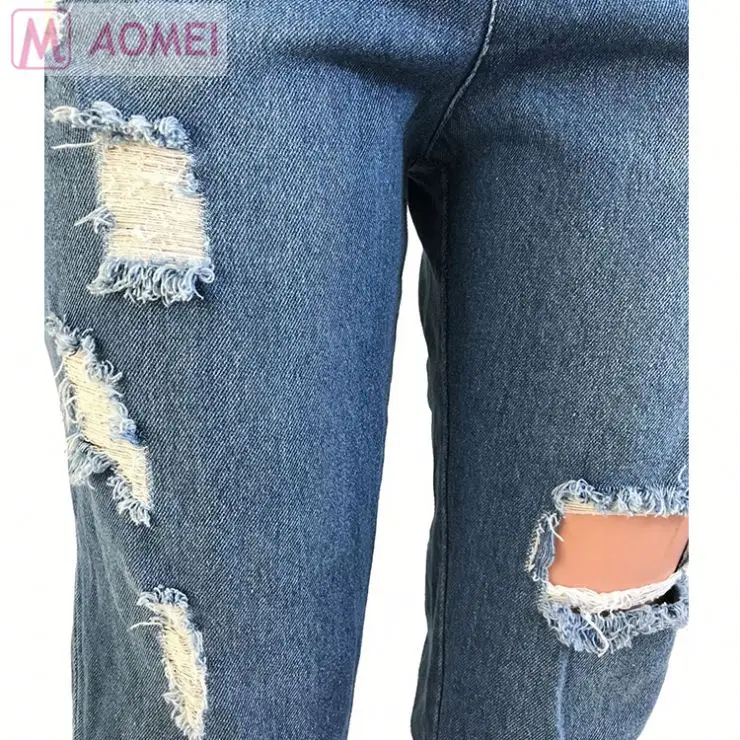 
S7019 casual fashion denim fabric washed ripped flared High Waist Women Jeans Pants 