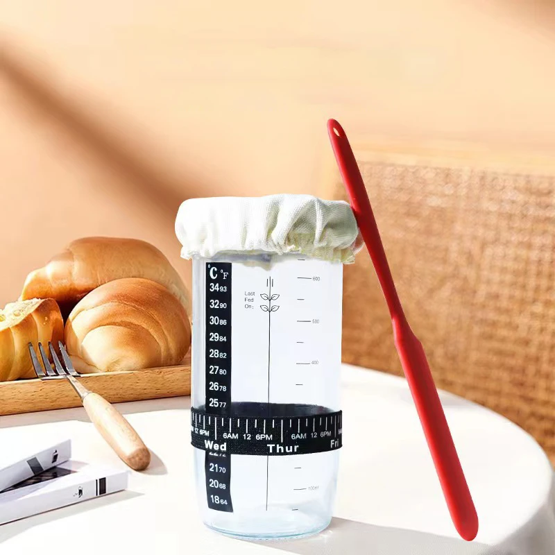 Thermometer Scraper Container Sewn Cloth Cover Metal Lid Starter Kit Sourdough Starter Jar With Date Marked Feeding Band
