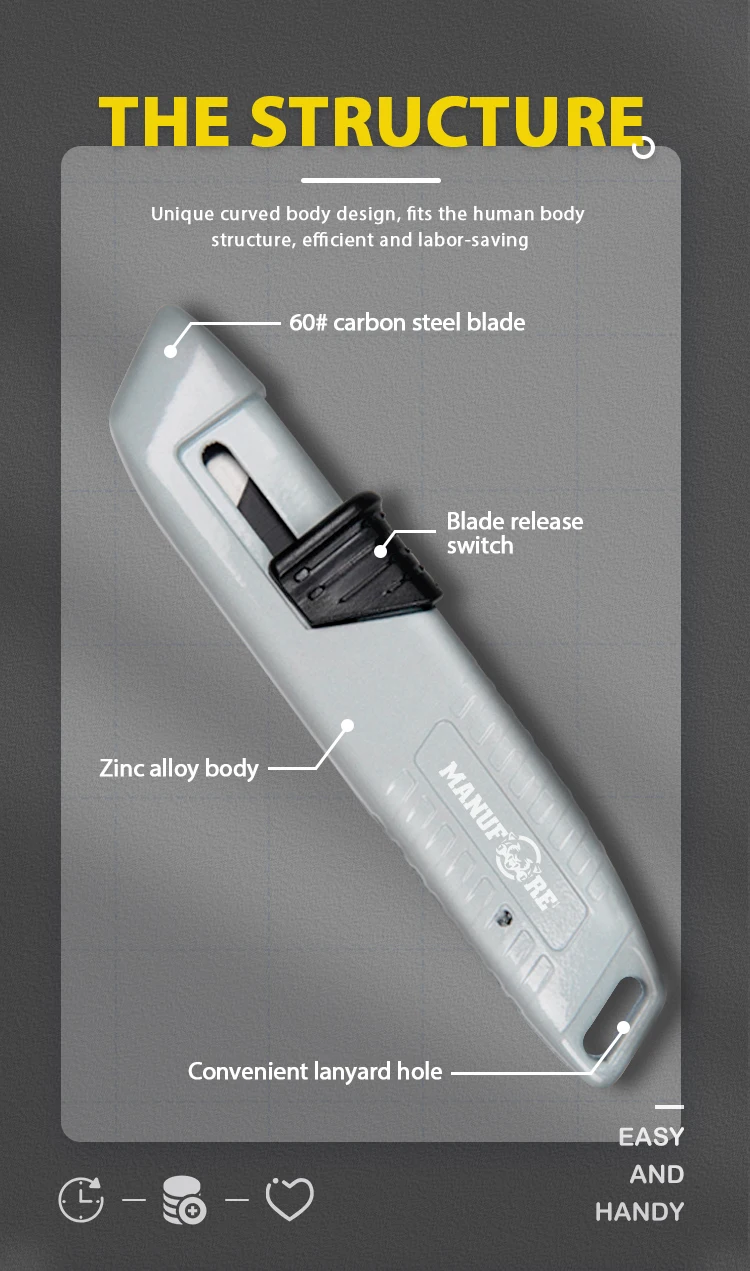 Auto Retractable Quick-Change Sliding blade box cutter zinc alloy utility knife heavy duty handle safety knife