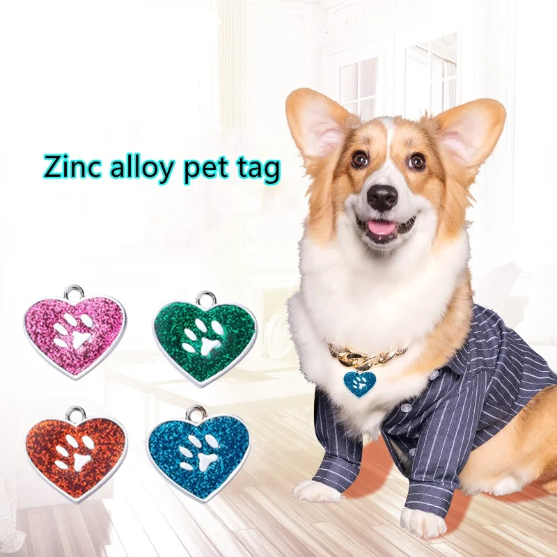 Glitter heart-shaped cartoon footprints zinc alloy dog tag metal back laser engraved pet tag anti-lost collar accessories