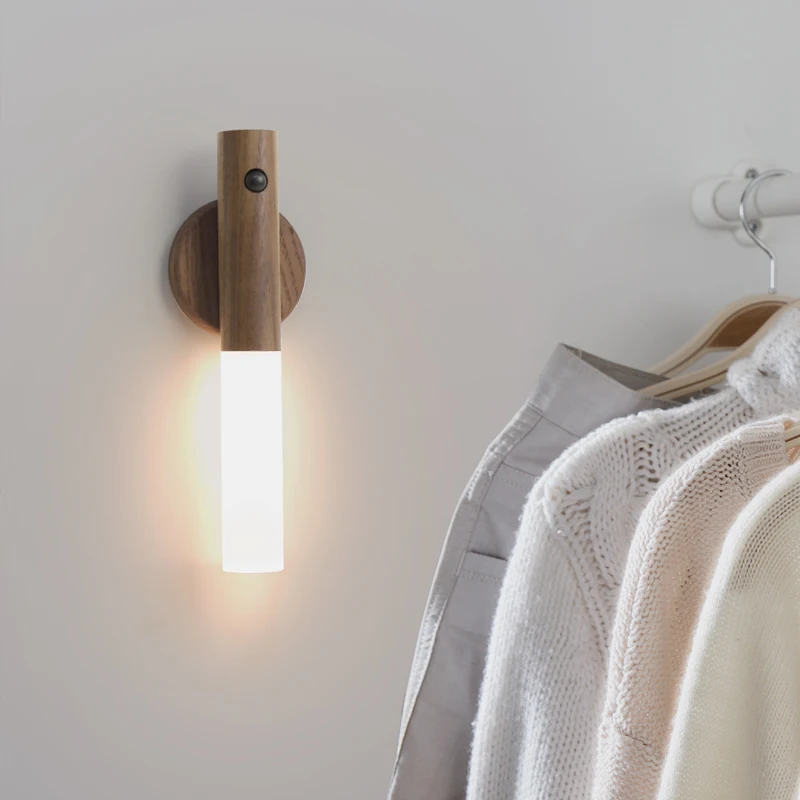 Modern USB Rechargeable Wood Wall Lamp LED Light Source with Intelligent Human Body Motion Sensor Mini Size for Bedroom