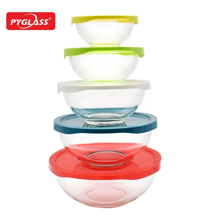 new design salad bowl set high borosilicate glass mixing bowl with PP lid