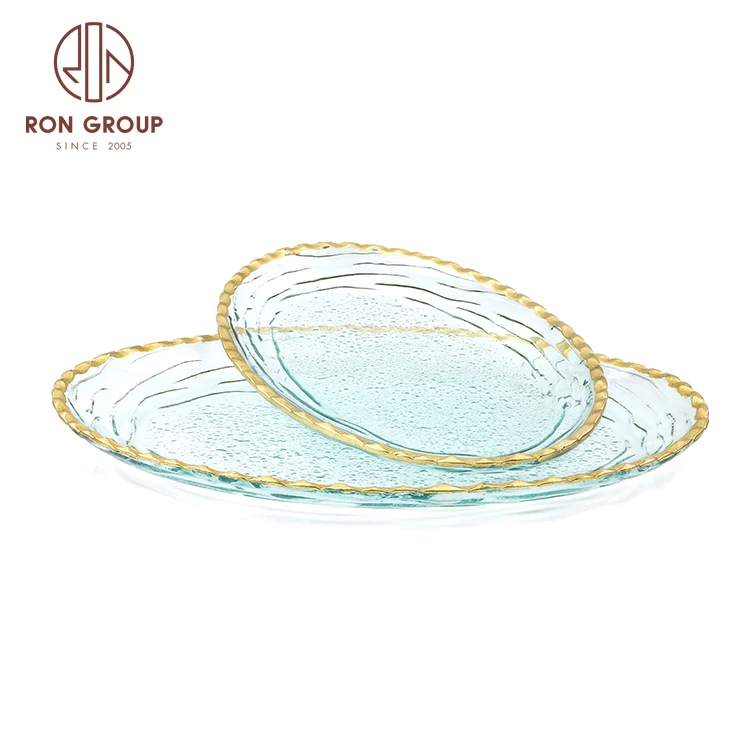 Cheap Wide gold rim clear candy food warmer glass dinnerware charger plate for wedding decoration baking dishes glass