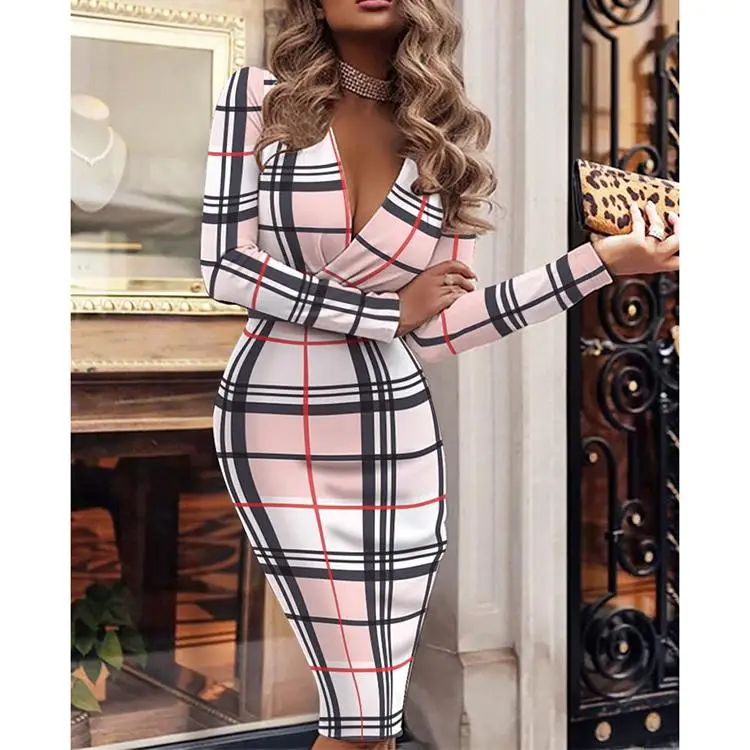 Wholesale Long Sleeve V Neck Wrap Hip Print Sexy Designer Dress Women Winter Dresses For Ladies