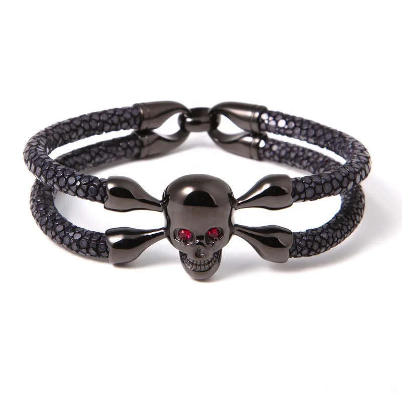 Wholesale Popular Skull stingray Leather Bracelet with 18K Gold Plating Over Stainless Steel