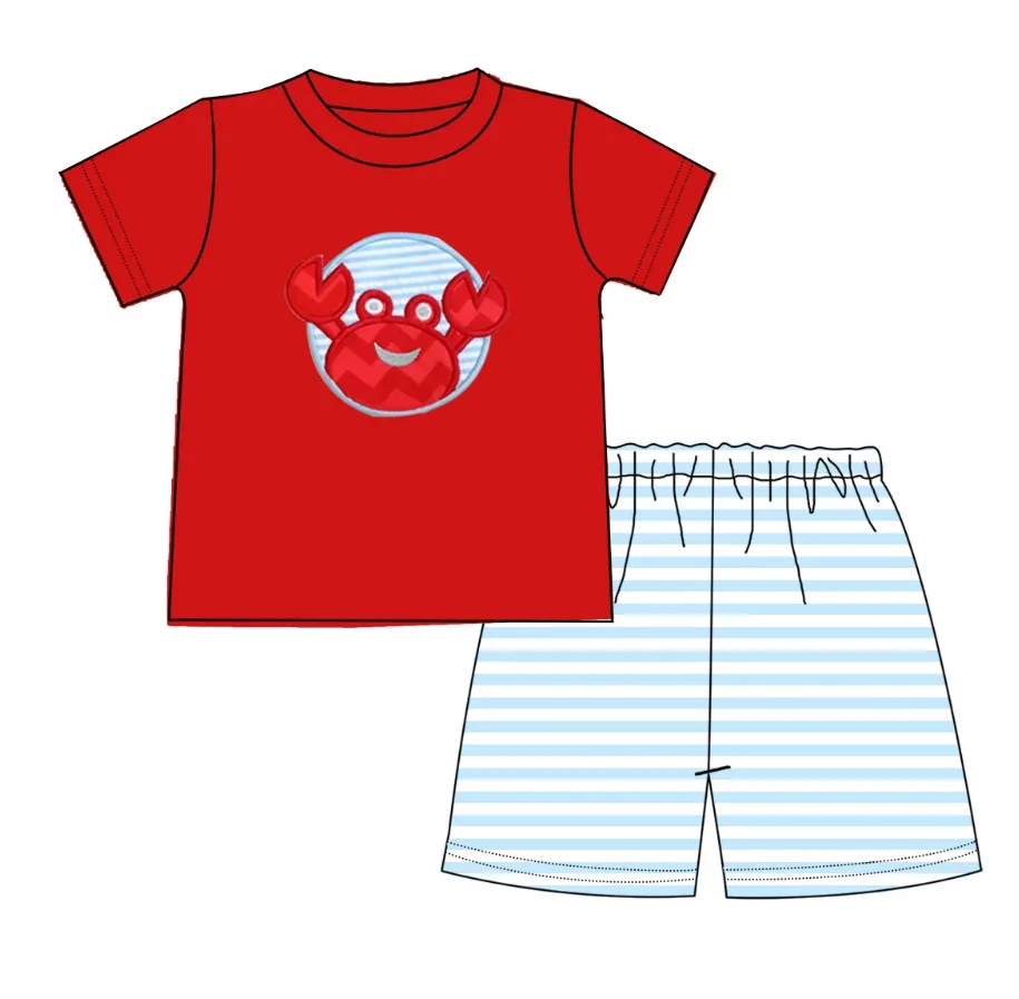 High Quality Kids Boys Red Top Summer Crab design Boutique children Outfit toddlers Applique summer smocked set