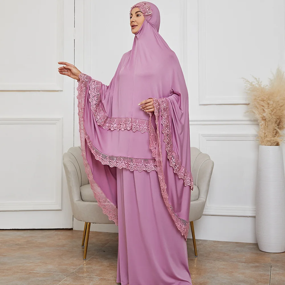 Pink Embroidery Lace Women Islamic Clothing Two-piece Dresses Women Muslim Elastic Waist Indonesia Traditional Muslim Clothing