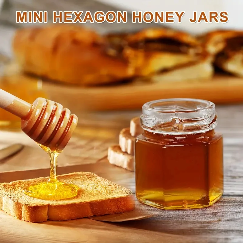High quality 1.5oz 45ml Hexagonal Honey Jars Luxury Mini Glass Honey Jars with Dippers