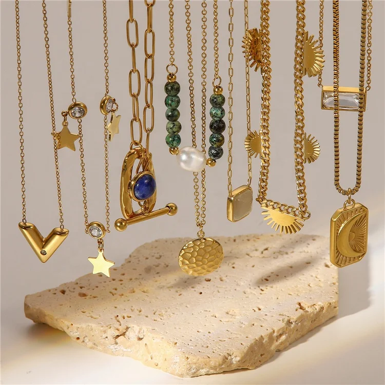 Fashion Jewelry Necklaces V Shape Double Layer Chain Moon Cubic Zirconia Necklace 14K Gold Plated Stainless Steel Star Necklace