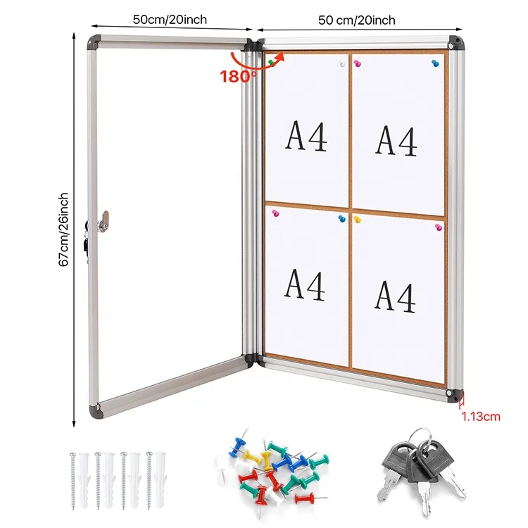 LENAN office wall mount aluminum frame cork showcase indoor lockable notice pin board enclosed bulletin board with door