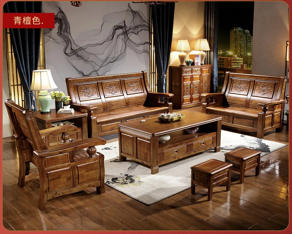 Real wood sofa mortise tenon structure carved flowers camphor wood sitting room sofa tea table sitting room furniture set