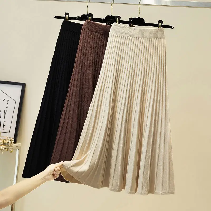 One size autumn and winter wool knitted skirt mid-length thickened high waist thin A-line pleated skirt large swing skirt