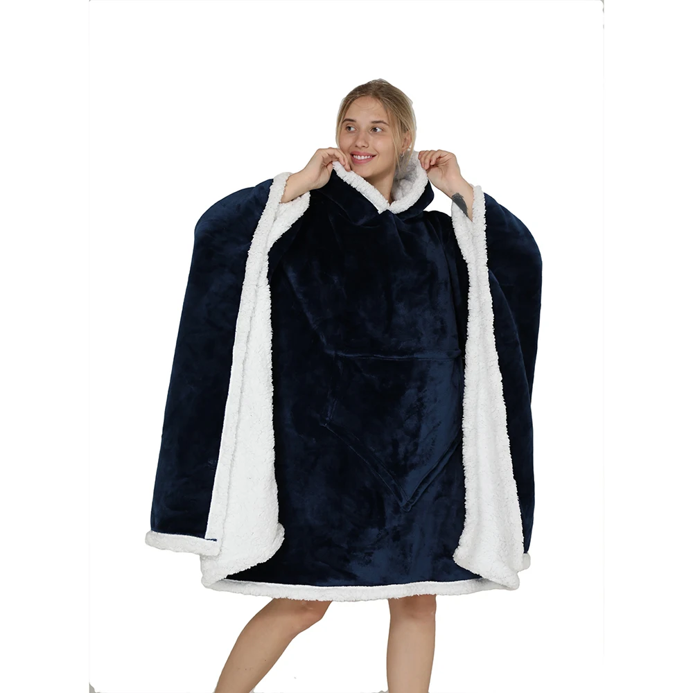 Sherpa fleece hoodie blanket throw wearable  blanket with pocket