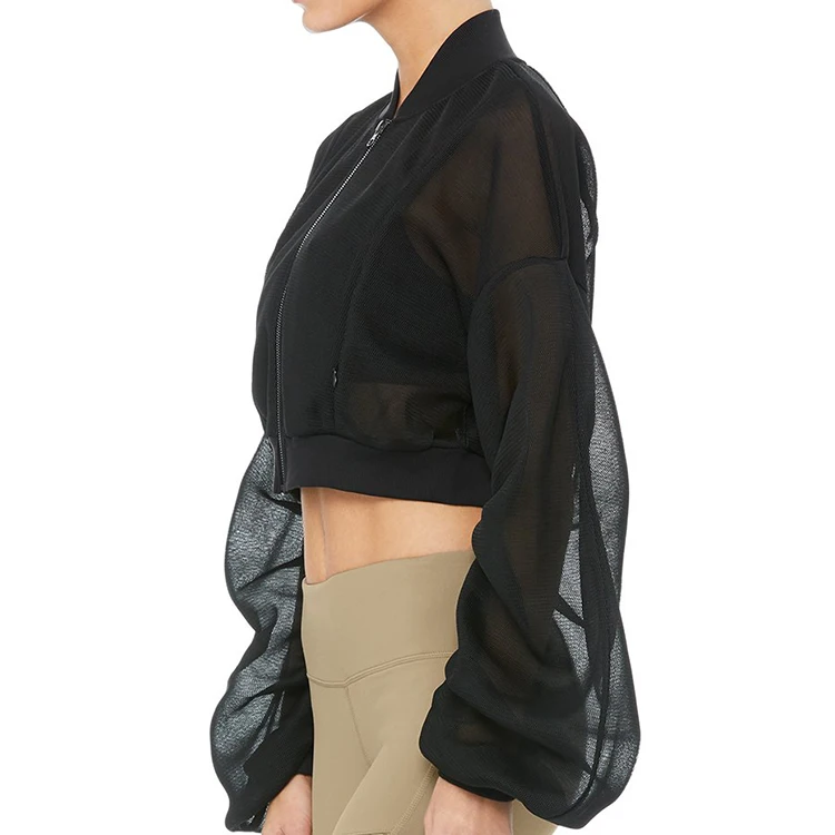 Hot summer Black gauze mesh long sleeve crop jacket  women fashion cropped sports jackets