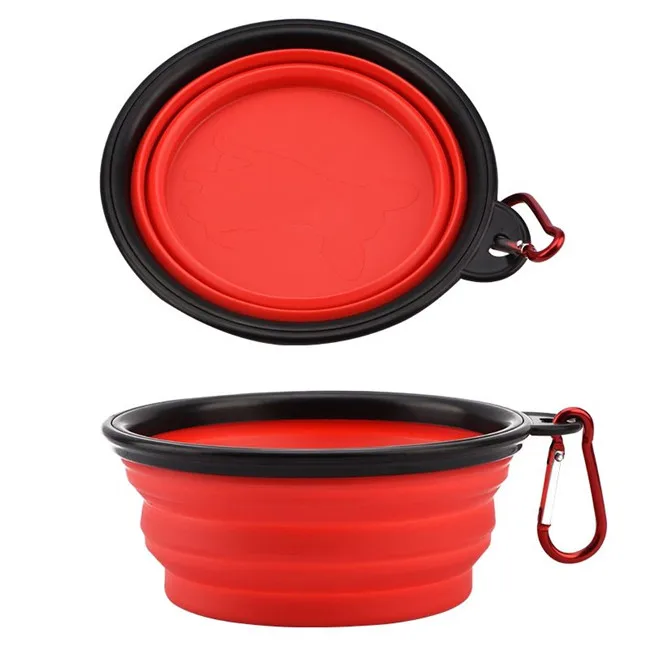 
Portable Travel collapsible expandable foldable silicone Pet dog food bowl with carabiner 