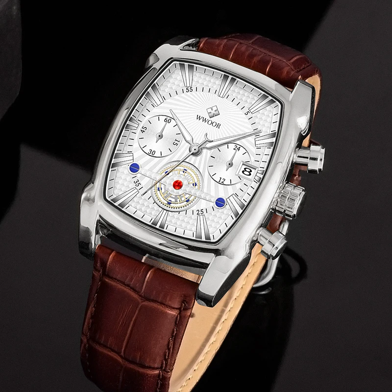 High Quality WWOOR 8843 Men Luminous Waterproof Wrist Quartz Watch Luxury Square Chronograph Calendar Leather Band Clock Relojes
