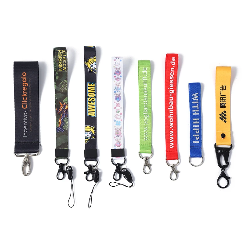 Colorful Short Carabiner Lanyard Wristlet Webbing Free Design Custom Polyester Laynards Hand Wrist Strap Lanyard Keychains