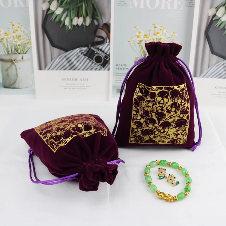 Hot product purple pouch jewelry velvet drawstring bag with Gold Printing Logo,velvet bag jewelry packaging with drawstring