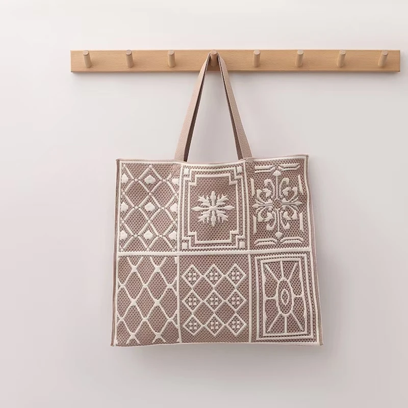 2024 Fashion Girls Stylish Knitted Handbag Large Capacity Poly Geometric Pattern Shopping Tote Bag