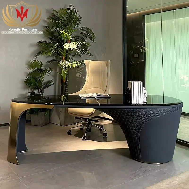 HJ HOME Home office rich furniture solid wood leather upholstered executive workstation marble desktop modern office table set