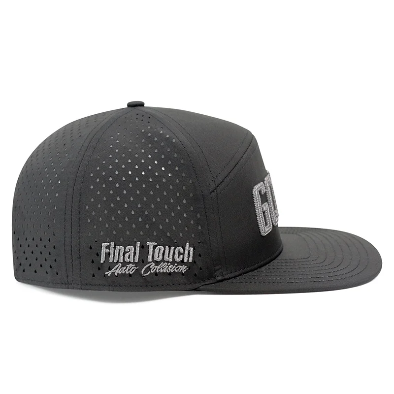 Custom Chain Embroidered logo Flat Perforated Player Hydro 6 Panel Polyester Snapback Applique Sports Caps Performance Golf Hat