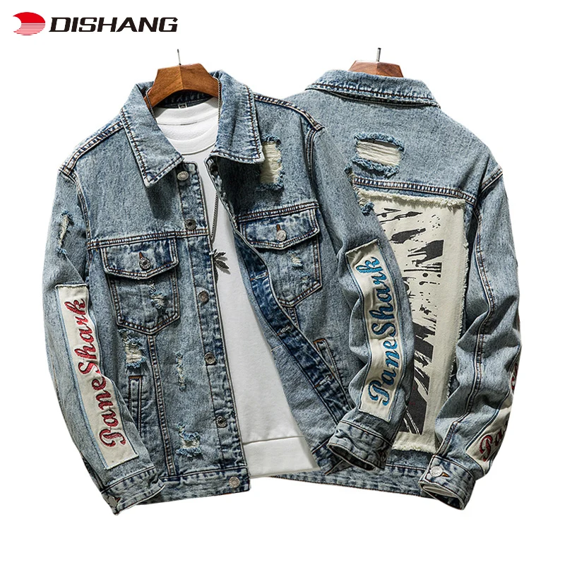 High Quality Fashion Trend Retro Style Print Ripped Loose Jacket Denim Jacket Plus Size Men