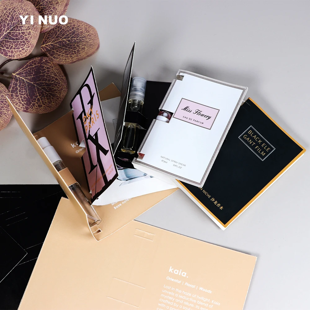 Wholesale Custom Designs Uv Printing Paper Perfume/room Spray Mini Sample Cards For 2ml Perfume Bottles