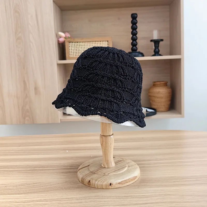 2024 Korean Fashion Summer New Solid Hollow Out Stripes Textured Woven Crochet Knitting Paper Straw Sun Beach Bucket Hat Ladies