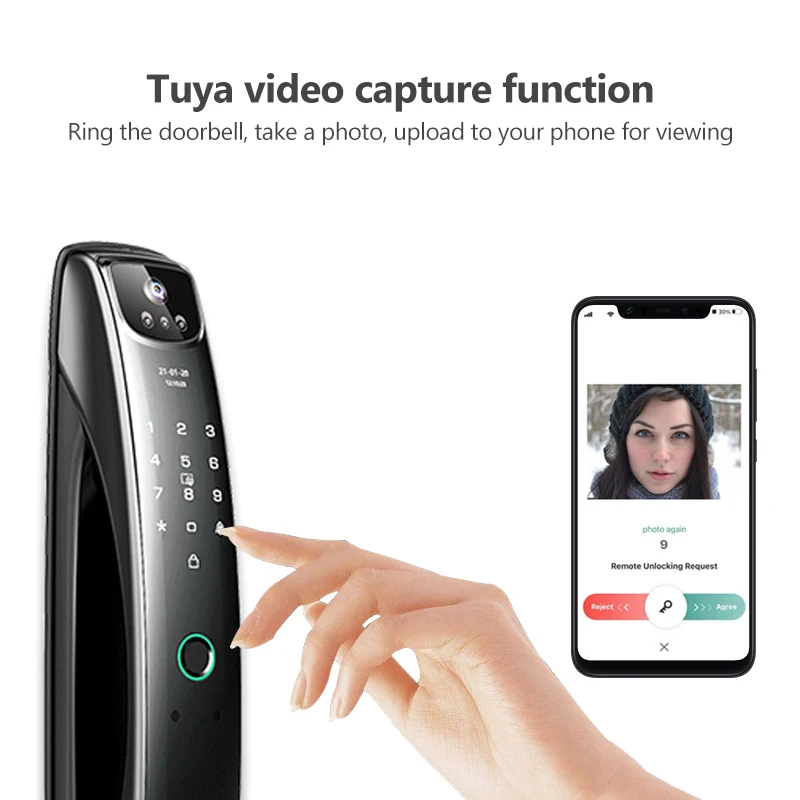 CAMAKT Stainless Steel Door Tuya Wifi Door Lock with Camera, Fully Automatic Smart Fingerprint Password Face Lock