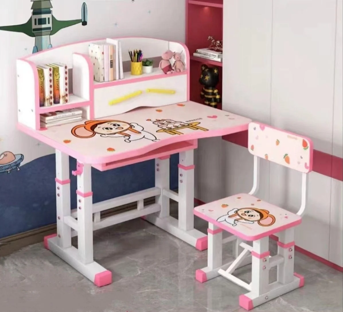 Ergonomic Kids study table and Desk Chair Set Blue Pink Height Adjustable Home Furniture