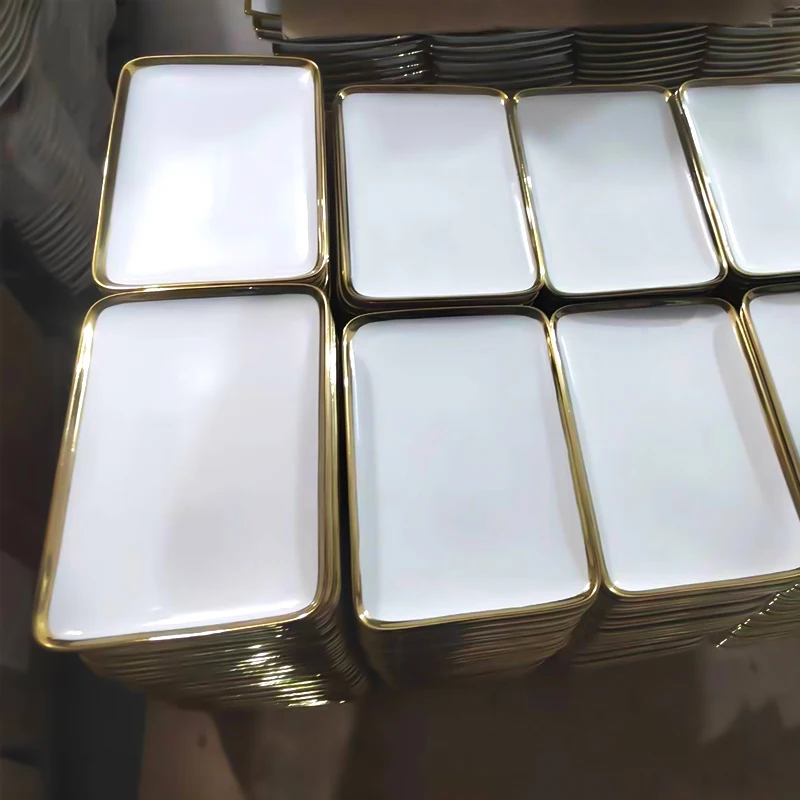 Wholesale Gold Plated Rim Ceramic Tableware Set Oval Round Rectangular White Plate Sell By Ton