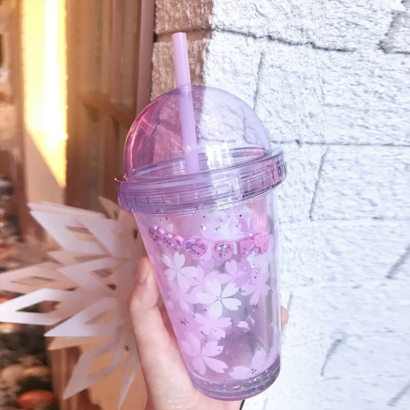 
Girlwill Sakura Double Wall Plastic Cup With Water Inside Dome Lids Tumbler With Straw Drink Mugs Custom Logo Supports OEM/ODM 