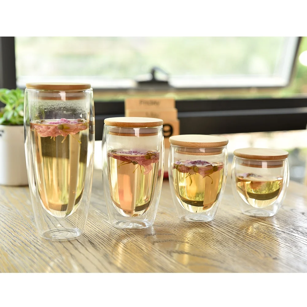 250ml Borosilicate glass cup Double Wall Glasses Tea Glass Cup Coffee Cup with Bamboo lid