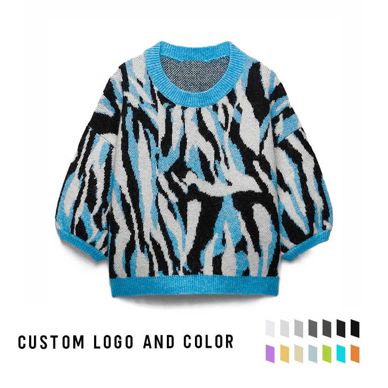 Дизайнерский весенний женский короткий жаккардовый свитер на заказ, Женский пуловер с круглым вырезом, свитер, цвет под заказ