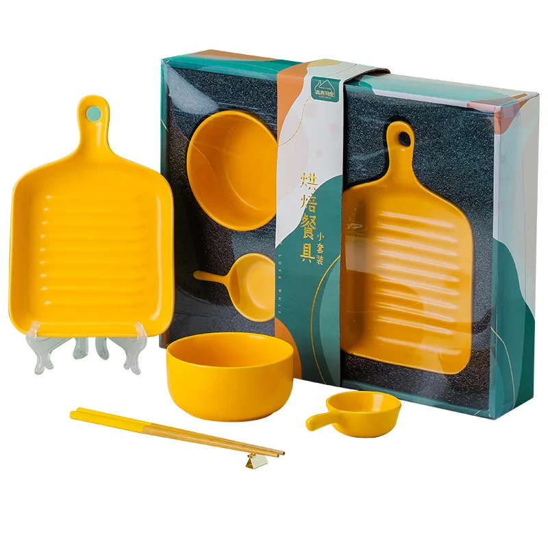 Hot selling ceramic baking ware Set white yellow green red pink bowl Porcelain plate with hand gift box package