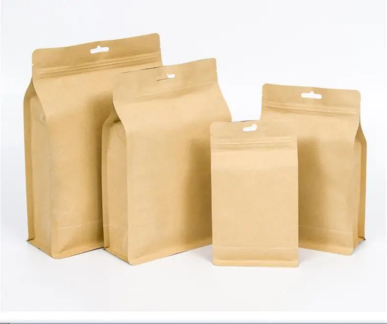 Wholesale Eight Side sealed Kraft Paper Bag with Aluminum Plated Self-supporting Food Packaging Bag Craft Paper Tea Organ Bags