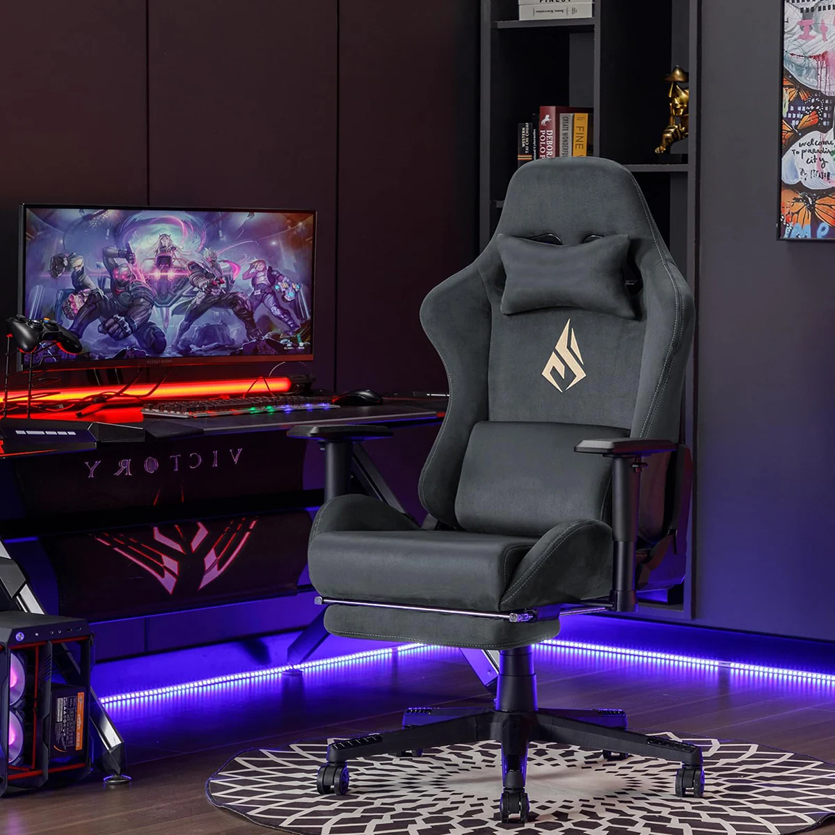 Ergonomic PC Silla Racing Style Computer Game Chair Breathable Alcantara Office Chair Adjustable Swivel Task Chair with Footrest